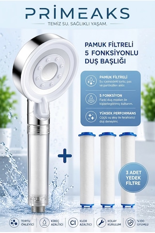 Filtreli Duş Başlığı 3 Yedek Filtreli Su Arıtmalı Duş Başlığı Kireç Önleyici Beyaz