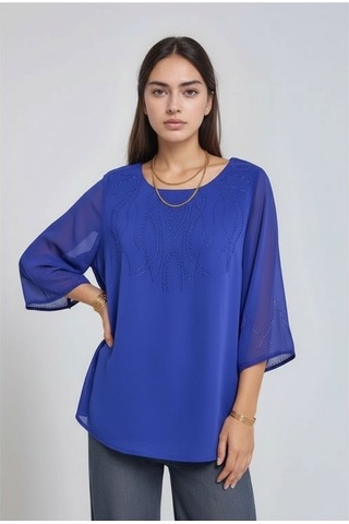 Kadın Asimetrik Kesim Şifon Curve Büyük Beden Viskon Spor Şık Bluz Saks