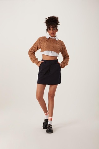 Quhox Kadın Triko Crop Sweatshirt Taba