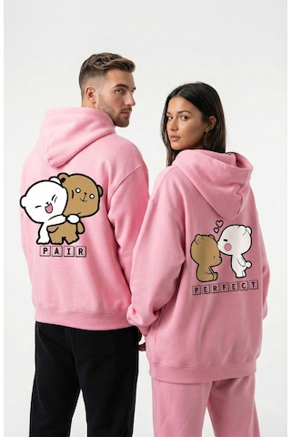 Nevermind Unisex Oversize Ayıcık Baskılı Çift Hoodie Pembe