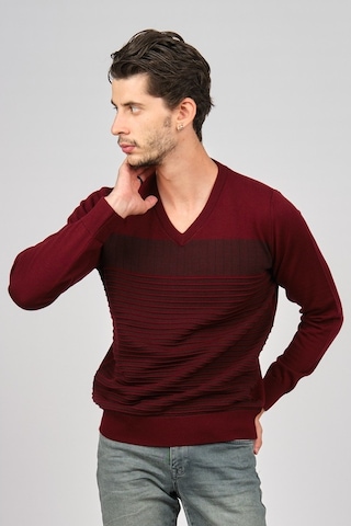 Desen Triko Erkek V Yaka Desenli Yün Kazak 0249640 Bordo Bordo