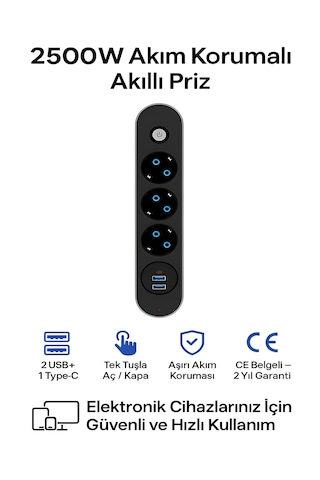 Ftr 2500w Termal Akım Korumalı 3 Lü Priz 2 Usb, 1 Type-c, Sigortalı Çoklayıcı, 2 M Kablo 0.2 M