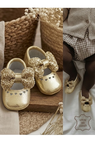 Denokids Kız Bebek Patik Hakiki Deri Gold Yumuşak Taban Ayakkabı 17-21 Numara Renkli