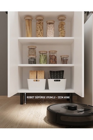 Ligno Mobilya Modern Çok Amaçlı Kiler Erzak Dolabı - 5 Raflı Geniş Mutfak & Banyo Düzenleyici, Robot Süpürge Uyumlu 147x50x30 Cm Beyaz