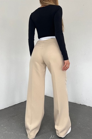 Neşeli Butik Kadın Bej Palazzo Cepli Pantolon Qns037
