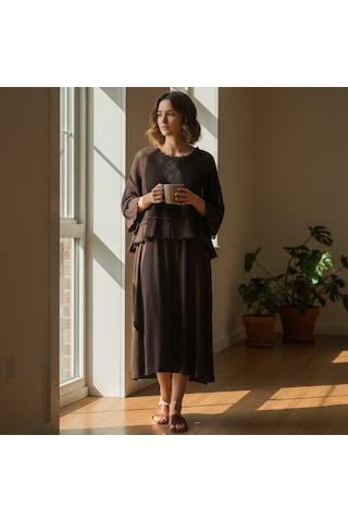 İtalyan Saçak Detaylı Müslin Keteni Yırtmaçlı Elbise - Bluz & 2'li Takım Koyu Kahve