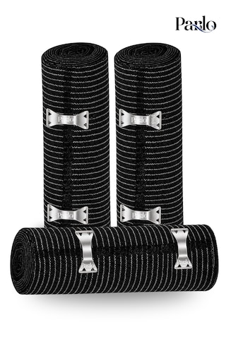 Parlo Siyah Elastik Bandaj 20 Cm X 1,5 M 3 Lü Set %300 Esnek, 4,5 M Ye Kadar Uzayan, Metal Kancalı Destek Ve Sargı Bandajı