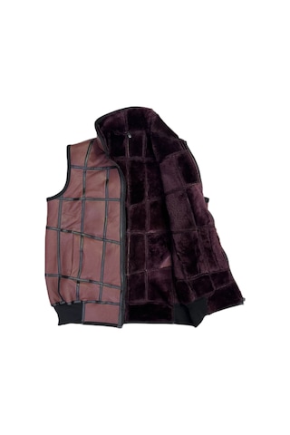 Içi Kürk-Dışı Süet Gerçek Deri Yakalı Ve Trikolu Yelek Bordo