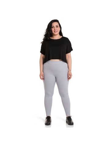 Büyük Beden Fitilli Beli Lastikli Bilek Hizasında Gri Bayan Tayt