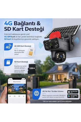 Unw-x59 2 Li 4g Solar Güvenlik Kamerası 1 Sabit + 1 Hareketli Esım Li, 20gb İnternet Dahil, 32gb Sd Kart Hediyeli, 9mp, Renkli Gece Görüşlü