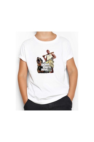 Zepplin Giyim Grand Theft Auto Five Dog And Man Beyaz Çocuk Tişört Beyaz