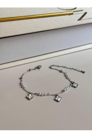 İnci Boncuklu Beyaz Çiçek Figürlü Gümüş Renk Kadın Halhal Gümüş