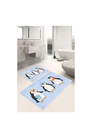 Penguen Desenli Dijital Baskılı Yıkanabilir 2li Banyo Paspası 50x60-60x100 Açık Mavi