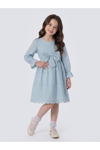 Pina Kids Kız Çocuk Uzun Kollu Önü Kurdelalı Fisto Elbise Mavi