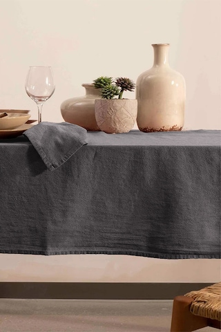 Vivamaison Yıkanmış Pamuk Keten Antrasit Renk Masa Örtüsü