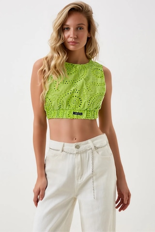 Fashion Cocktail Walk İn Love Geometrik Fistolu Fileli Belden Lastikli Kolsuz Yazlık Spor Crop Bluz Fosfor Neon Yeşil
