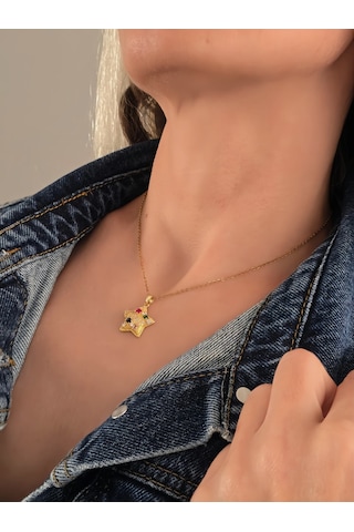 Eva Takı Store Yıldız Model Renkli Zirkon Taşlı Gold Renk Kolye Gold