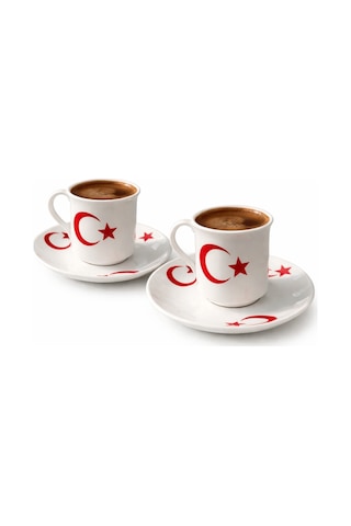 2'li Ay Yıldız Temalı Kahve Fincanı Seti - Baskılı Fincan Takımı beyaz