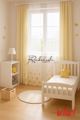 Brillant Marka Yıldız Desenli Tül Perde Örme Kumaş, Çocuk Odası İçin Özel Tasarım Sarı Sarı