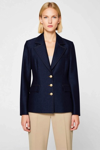 Benerly Kadın %100 Pamuk Ceket Yaka Standart Kol Fitted Kalıp Blazer Ceke Koyu Mavi