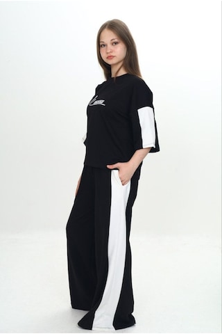 Kız Çocuk %100 Pamuk London Baskılı Oversize Garnili Truvakal Kollu Eşofman Takımı-293-eşt-0010 Siyah