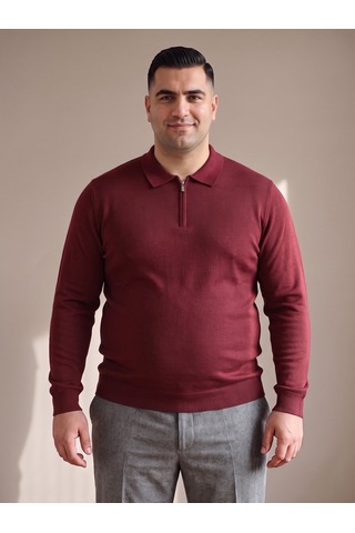 Maccali Erkek Bordo Büyük Beden Düz Fermuarlı Polo Yaka Triko Kazak