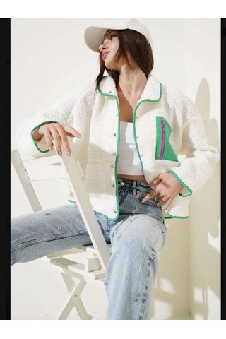 Yeşil Fermuar Cepli Kuzu Mont Beyaz T1085 Beyaz