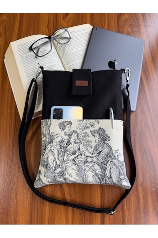 Aksesuarsepeti El Yapımı, Fransız Köylüsü Desenli, Cepli, Taşıma Askılı, Kılıf Çanta, Tablet Kılıfı, Kitap Kılıfı Siyah