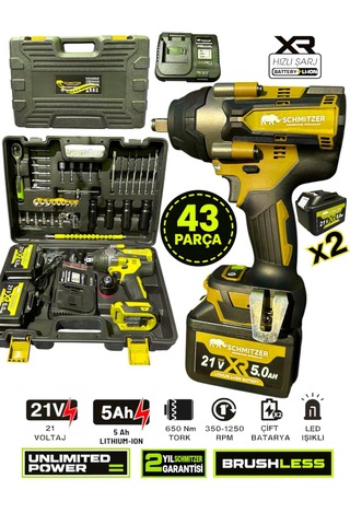 Schmıtzer Sch-9502s Pro 21v 15 Pilli Çift Akülü Kömürsüz Darbeli Vidalama 650 Nm Somun Sıkma Sökme Matkap
