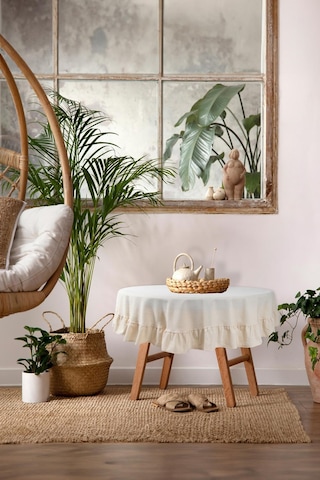 Naturel Fırfırlı Masa Örtüsü Vintage Yuvarlak Krem