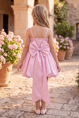 Butik Happy Kids Kız Çocuk Abiye Pembe Monoray Parlak Kumaş Balon Etekli Askılı Fiyonklu Abiye Elbise 9-12 Yaş Doğum Günü Düğün Davet Elbisesi