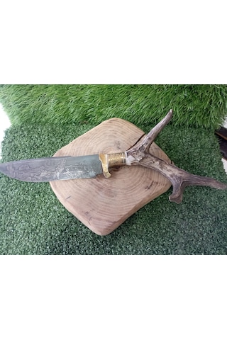 Tctknives Damascus Serisi El Yapımı Av Kamp Bıçağı Boynuz Kabzeli 0000 Kahverengi