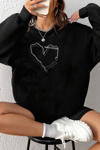 Unisex Holiday Baskılı Bisiklet Yaka Sweatshirt Siyah