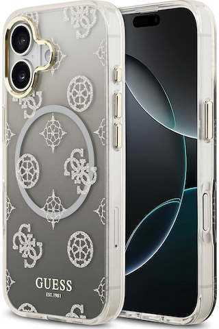 Apple Uyumlu iPhone 17 Kılıf Guess Lisanslı M-safe Şarj Özellikli Simli Peony Desenli Silikon Kapak Siyah Siyah