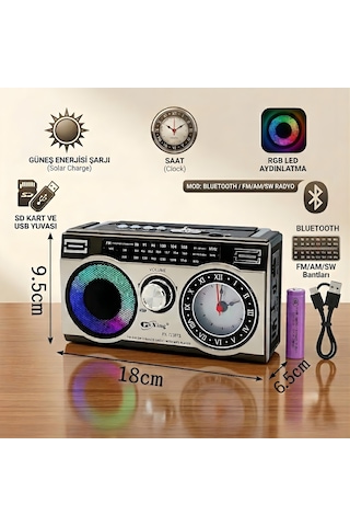 Solar Şarjlı Bluetooth Radyo Saatli Rgb Ledli Usb/sd Destekli Type-c Şarjlı Nostaljik Radyo