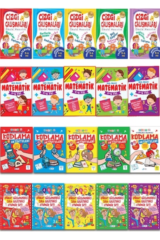 4-6 Yaş 20 Kitap Dikkat Geliştirici Matematik Kodlama ve Çizgi Çalışmaları Seti