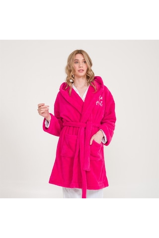 Welsoft Kapüşonlu Peluş Kadın Sabahlık Fuşya