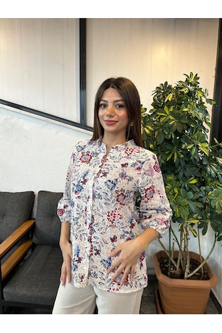 Kadın Ekru Kaçık Yaka Çiçek Desenli Gömlek/bluz Ekru