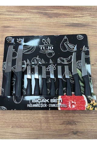 10 Lu Lazer Kesim Tırtıklı Bıçak Seti, 2 Adet Ekmek Bıçağı, 2 Adet Sebze Bıçağı, 6 Adet Meyve Bıçağı Siyah