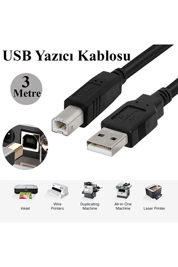 3 Metre 3mt Yazıcı Kablosu Printer Usb Bağlantı Bağlama Network Lazer Hp Canon Brother Uyumlu Ara Kablo