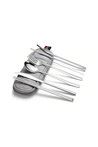 Katlanır Sofra 304 Paslanmaz Çelik Kore Bıçak Çatal Kaşık Çubuklarını Saman Taşınabilir Sofra Seti Seyahat Çubuklarını GÜmüş