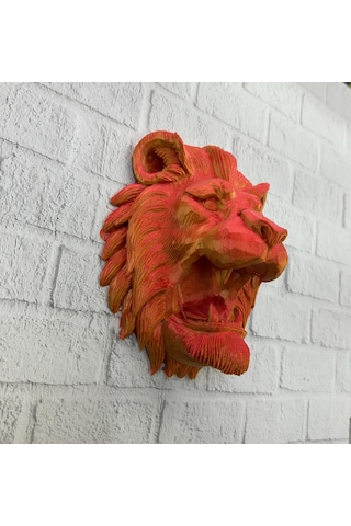 Dekoratif Asılabilir Aslan Başı 3d Duvar Heykeli Gold Red 20x21 C
