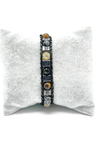 Sertifikalı Siyah Akik - Kaplan Gözü - Sitrin - Obsidyen 6mm Doğal Taş Makrome Bileklik Çok Renkli