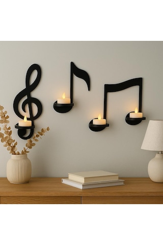 Cajuart Siyah Ahşap Notalar 3 Parça Led Mumlu Duvar Dekoru Dekoratif Tablo
