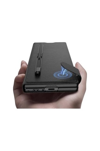 Ayrex Galaxy Z Fold 6 Suni Deri Tasarımlı Kalem Bölmeli Zore Kıpta Kartlıklı Standlı Kapak-siyah Litchi Diğer