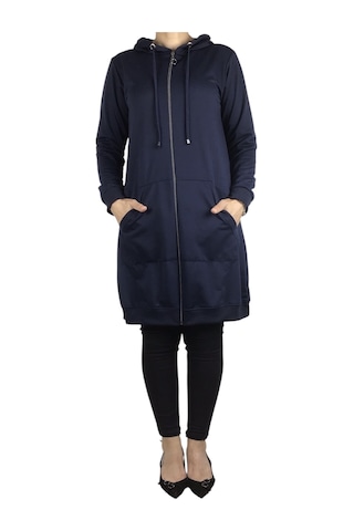 Kadın Kapşonlu Önü Fermuarlı Kanguru Cepli Kristal Kumaş Ceket Lacivert