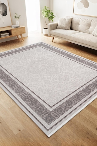 Jade Jd005g Gri Halı Klasik Çerçeve Desenli Triko Akrilik Pamuk Tabanlı Kaymaz Salon Halısı Koridor-771 Gri