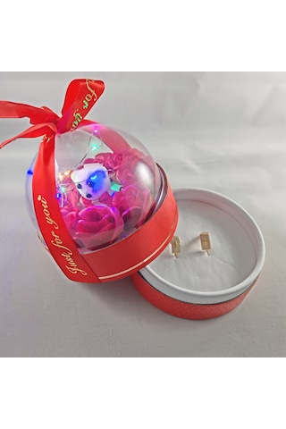 Ledli Ayıcıklı Ve Solmayan Gül Fanus Takı Hediye Kutusu