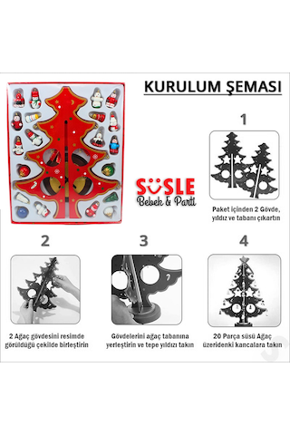 20 Parça Süslü Ahşap 27cm Mini Yılbaşı Ağaç Seti - Kırmızı