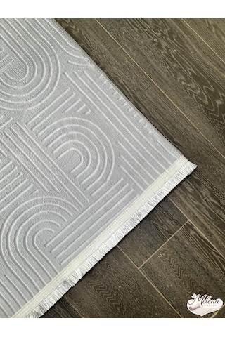 Konak Halı Modern Salon Halısı Açık Gri Emboss Kabartmalı Saçaklı Kaymaz Taban Açık Gri